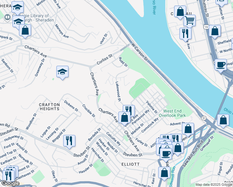 map of restaurants, bars, coffee shops, grocery stores, and more near 1231 Lakewood Avenue in Pittsburgh
