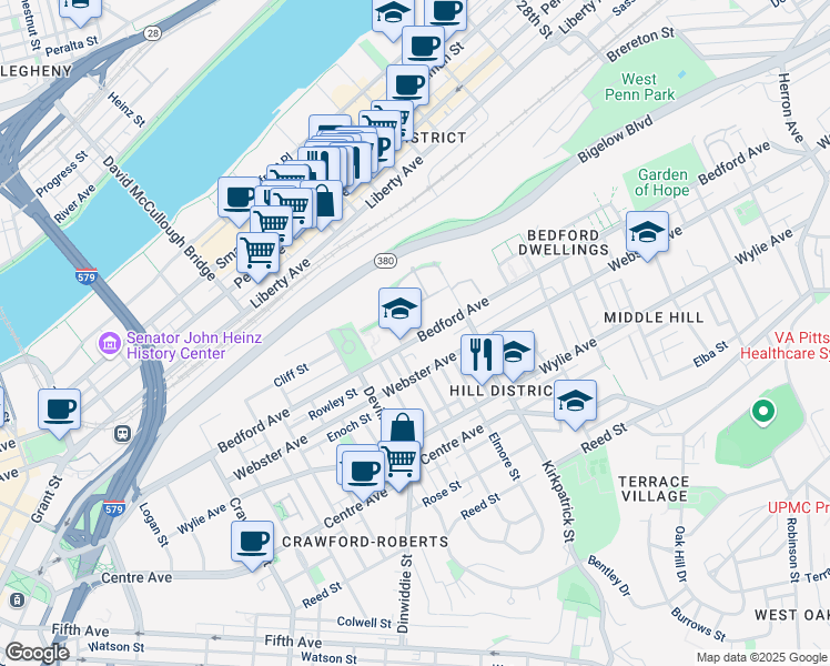 map of restaurants, bars, coffee shops, grocery stores, and more near 2129 Bedford Avenue in Pittsburgh