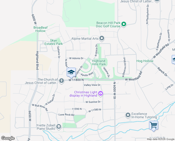 map of restaurants, bars, coffee shops, grocery stores, and more near 6207 Argo Circle in Highland