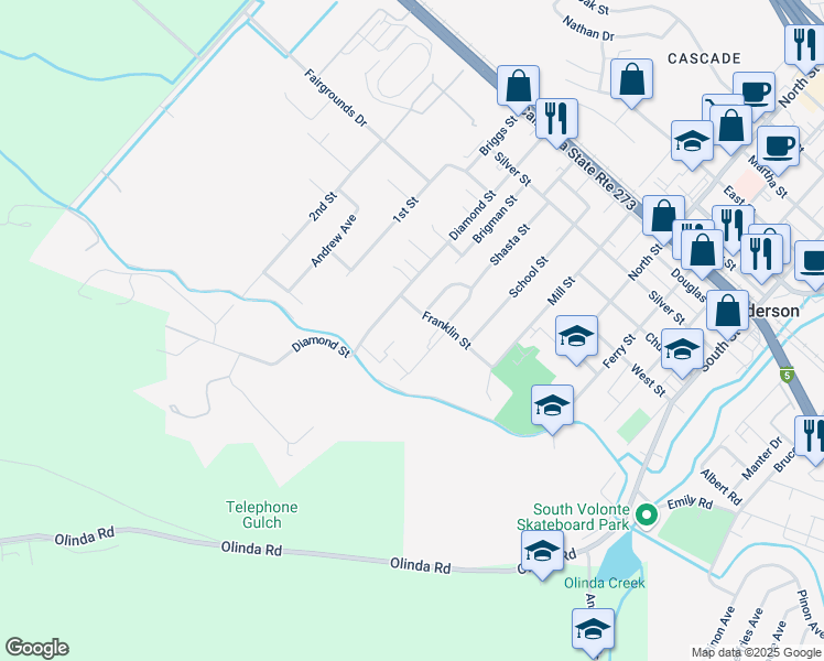 map of restaurants, bars, coffee shops, grocery stores, and more near 3300 Franklin Street in Anderson