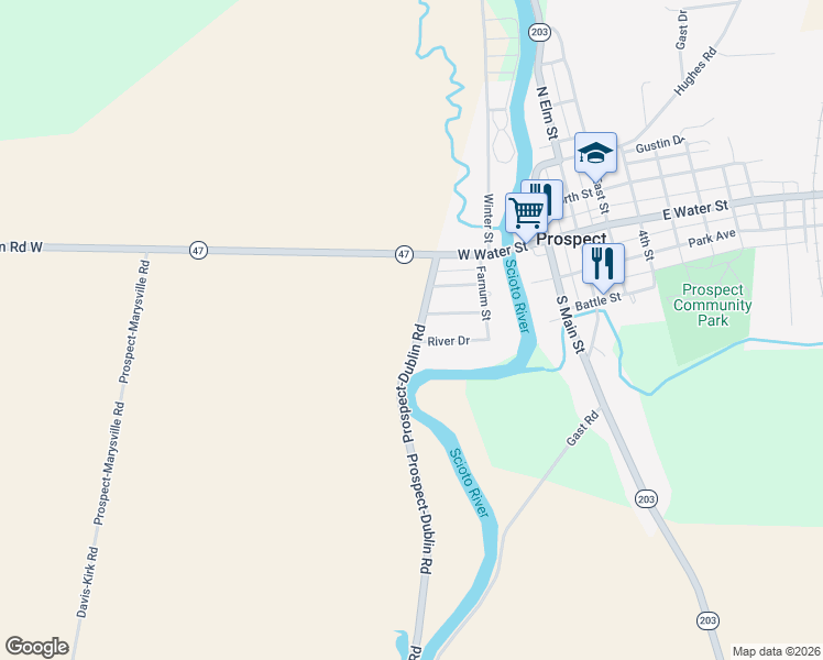map of restaurants, bars, coffee shops, grocery stores, and more near 7037 Prospect-Dublin Road in Prospect