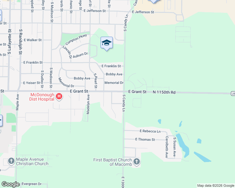 map of restaurants, bars, coffee shops, grocery stores, and more near 1133 East Grant Street in Macomb