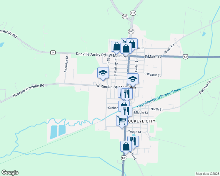 map of restaurants, bars, coffee shops, grocery stores, and more near 106 West Rambo Street in Danville