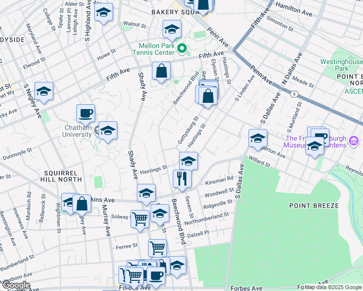map of restaurants, bars, coffee shops, grocery stores, and more near 639 Gettysburg Street in Pittsburgh