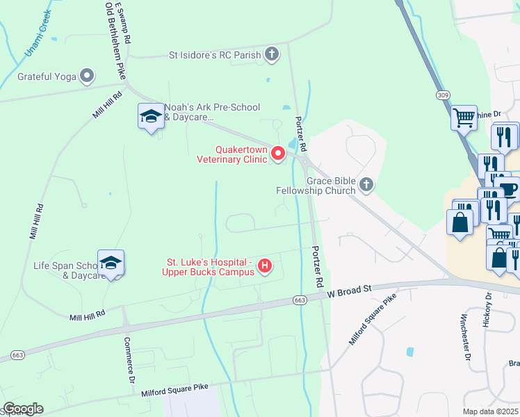 map of restaurants, bars, coffee shops, grocery stores, and more near 2352 Blackledge Drive in Quakertown