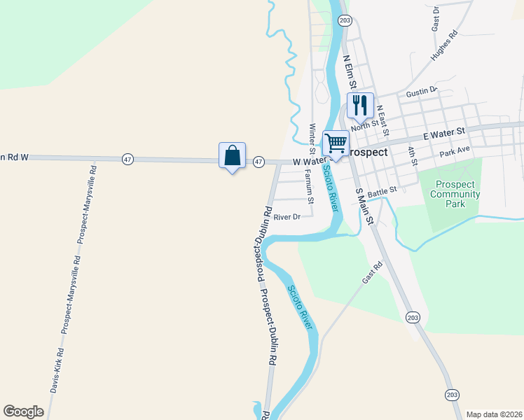 map of restaurants, bars, coffee shops, grocery stores, and more near 7037 Prospect-Dublin Road in Prospect