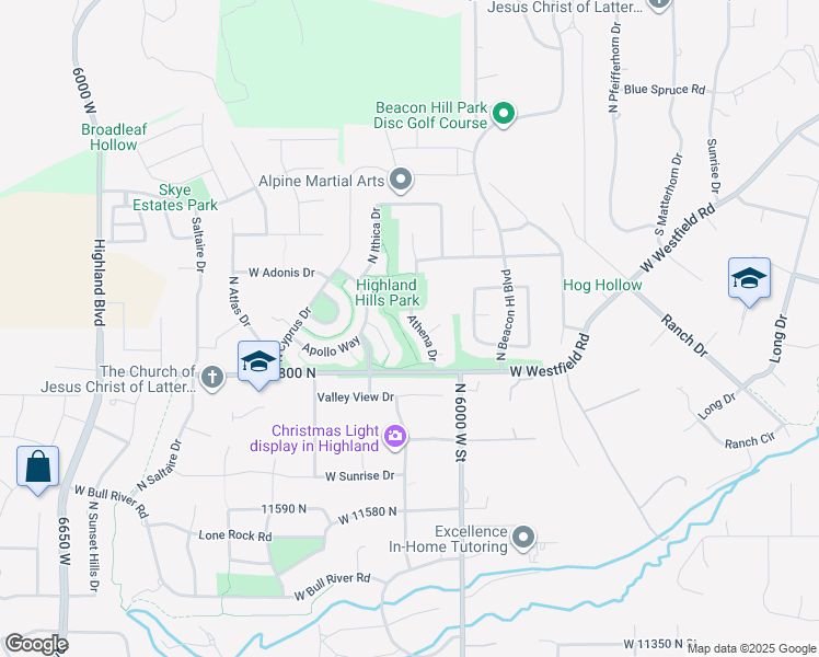 map of restaurants, bars, coffee shops, grocery stores, and more near 11877 Athena Drive in Highland