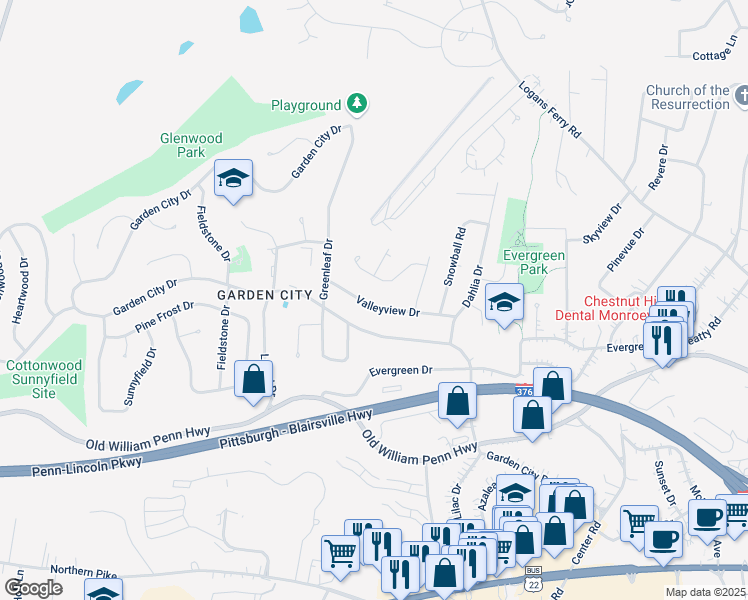 map of restaurants, bars, coffee shops, grocery stores, and more near 430 Valleyview Drive in Monroeville