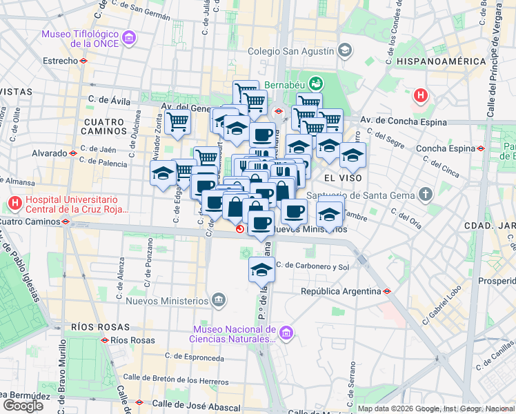 map of restaurants, bars, coffee shops, grocery stores, and more near 81 Paseo de la Castellana in Madrid