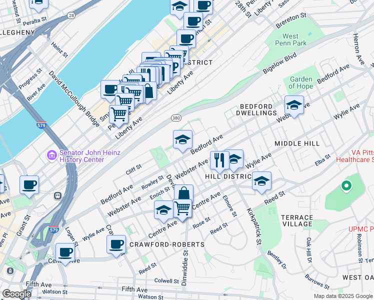 map of restaurants, bars, coffee shops, grocery stores, and more near 2116 Bedford Avenue in Pittsburgh