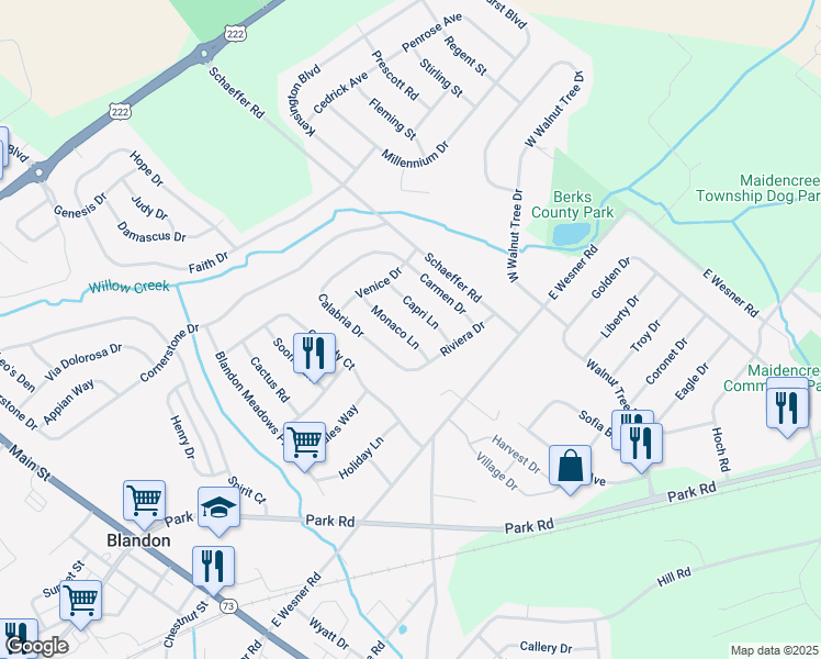 map of restaurants, bars, coffee shops, grocery stores, and more near 315 Monaco Lane in Blandon