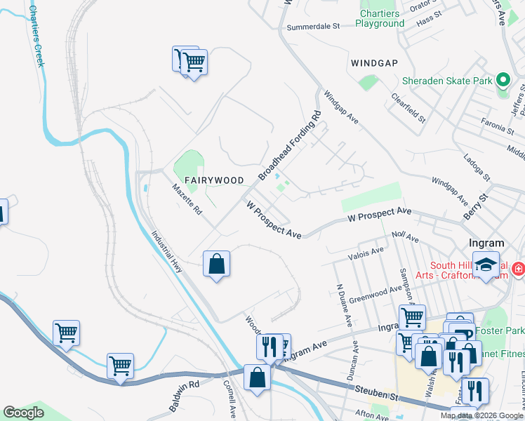 map of restaurants, bars, coffee shops, grocery stores, and more near 3433 West Prospect Avenue in Pittsburgh
