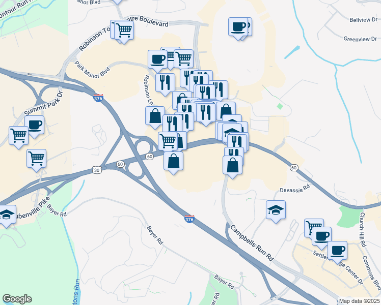 map of restaurants, bars, coffee shops, grocery stores, and more near 6521 Steubenville Pike in Pittsburgh