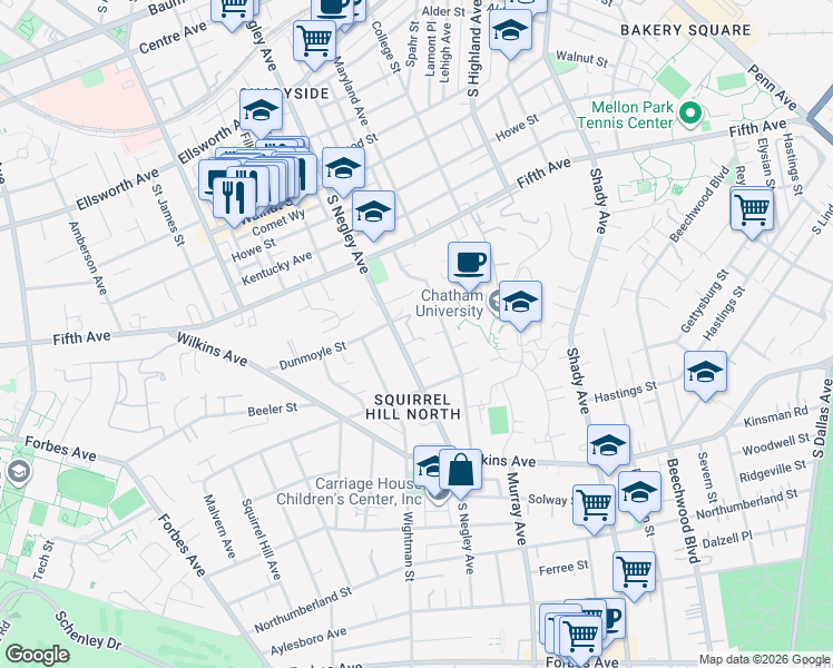 map of restaurants, bars, coffee shops, grocery stores, and more near 12 Dunmoyle Place in Pittsburgh