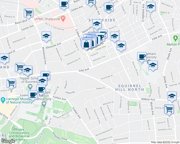 map of restaurants, bars, coffee shops, grocery stores, and more near 5267 Wilkins Avenue in Pittsburgh