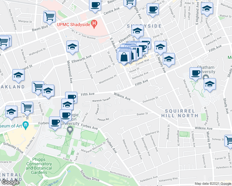 map of restaurants, bars, coffee shops, grocery stores, and more near 5211 Wilkins Avenue in Pittsburgh