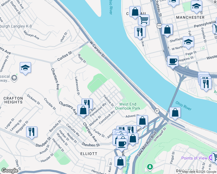 map of restaurants, bars, coffee shops, grocery stores, and more near 1027 Elkton Street in Pittsburgh