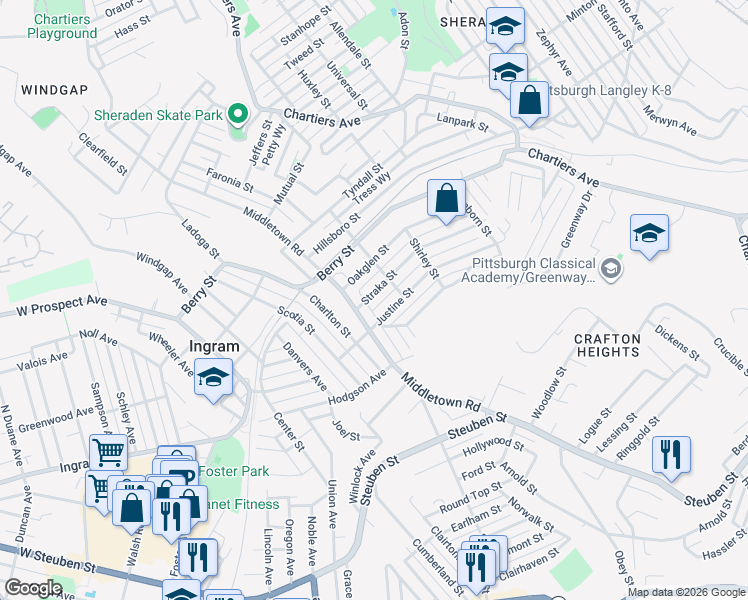 map of restaurants, bars, coffee shops, grocery stores, and more near 1431 Straka Street in Pittsburgh