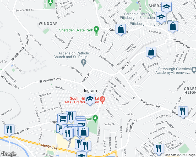 map of restaurants, bars, coffee shops, grocery stores, and more near 14 Stowe Street in Pittsburgh