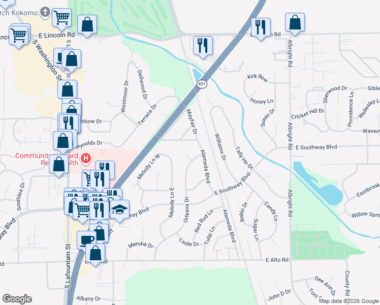 map of restaurants, bars, coffee shops, grocery stores, and more near 3106 Orleans Court in Kokomo