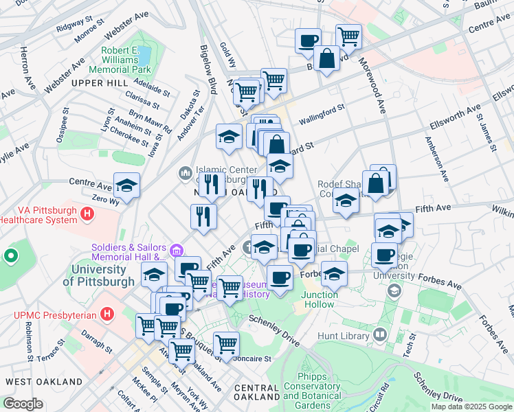 map of restaurants, bars, coffee shops, grocery stores, and more near 133 North Dithridge Street in Pittsburgh