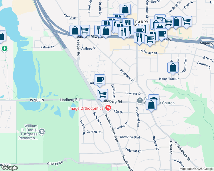 map of restaurants, bars, coffee shops, grocery stores, and more near 1115 Windsor Drive in West Lafayette