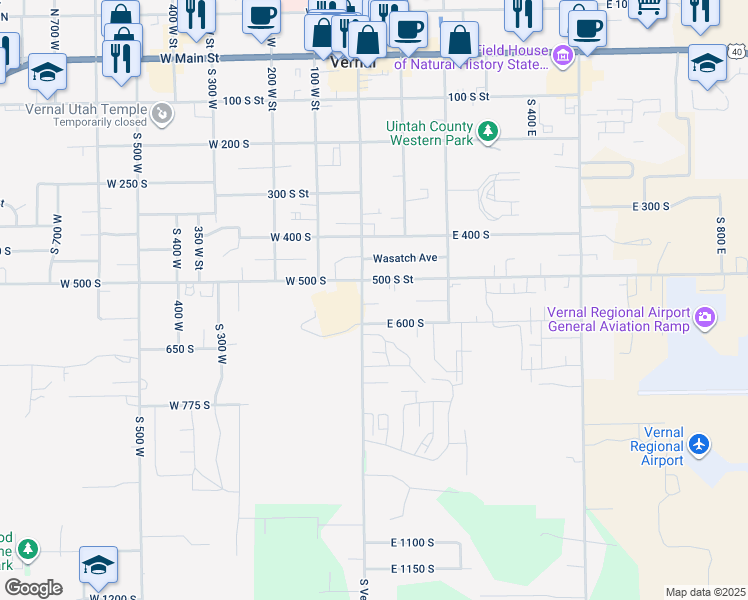 map of restaurants, bars, coffee shops, grocery stores, and more near 551 South Vernal Avenue in Vernal