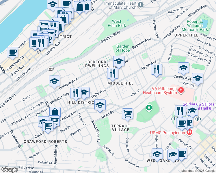 map of restaurants, bars, coffee shops, grocery stores, and more near 2416 Wylie Avenue in Pittsburgh