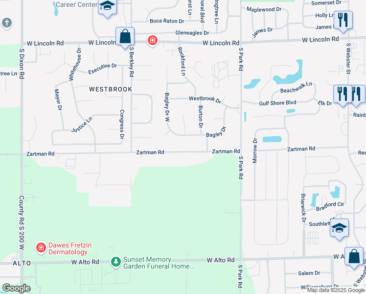 map of restaurants, bars, coffee shops, grocery stores, and more near 1312 Zartman Road in Kokomo