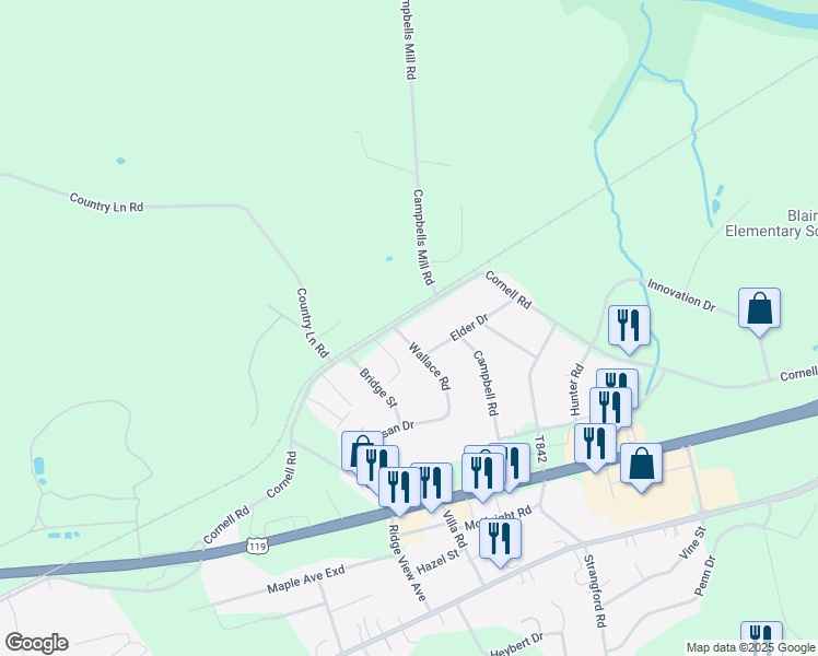 map of restaurants, bars, coffee shops, grocery stores, and more near 20 Wallace Road in Blairsville