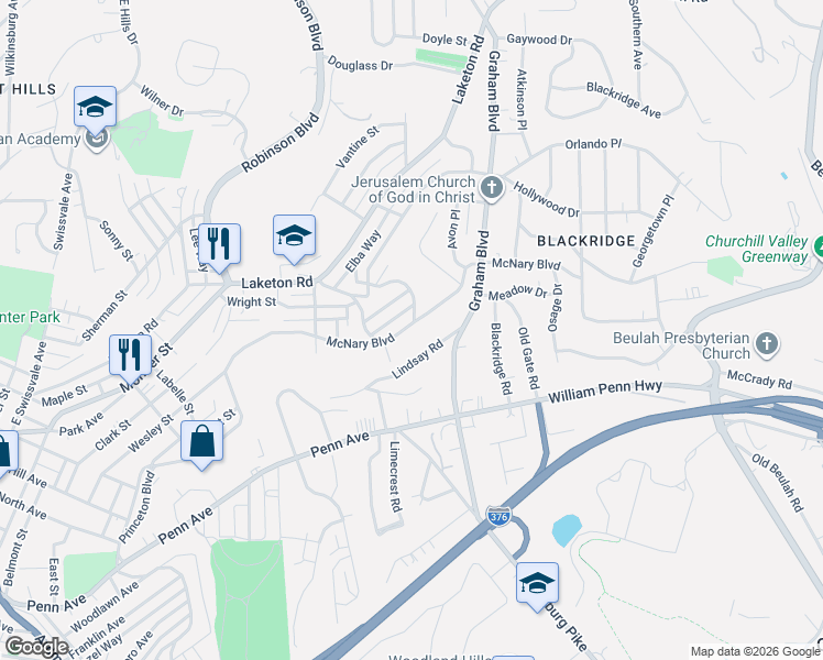 map of restaurants, bars, coffee shops, grocery stores, and more near 2042 McNary Boulevard in Pittsburgh