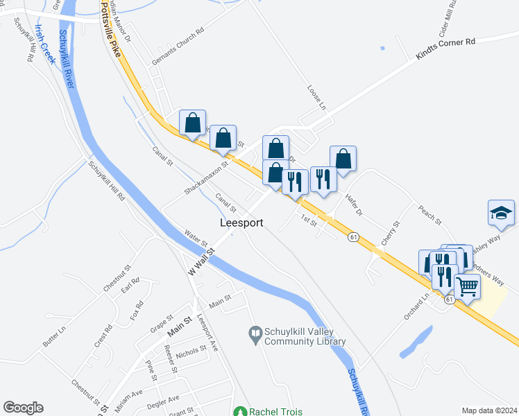map of restaurants, bars, coffee shops, grocery stores, and more near 126 Wall Street in Leesport