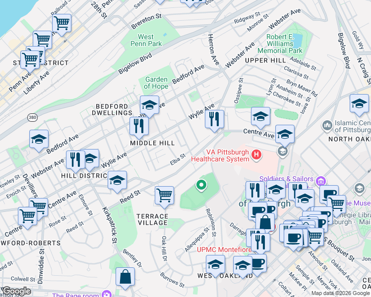 map of restaurants, bars, coffee shops, grocery stores, and more near 519 Francis Street in Pittsburgh