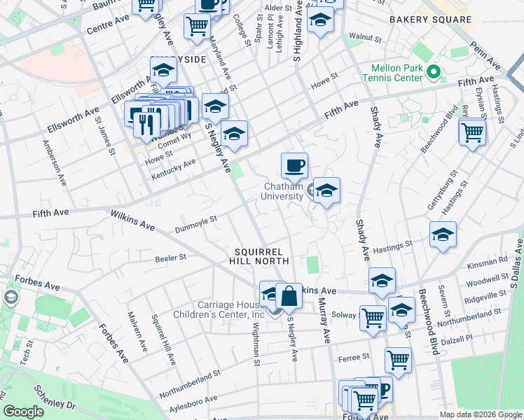 map of restaurants, bars, coffee shops, grocery stores, and more near 12 Dunmoyle Place in Pittsburgh