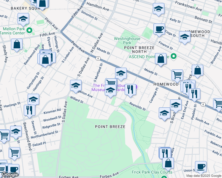 map of restaurants, bars, coffee shops, grocery stores, and more near 319 South Lang Avenue in Pittsburgh