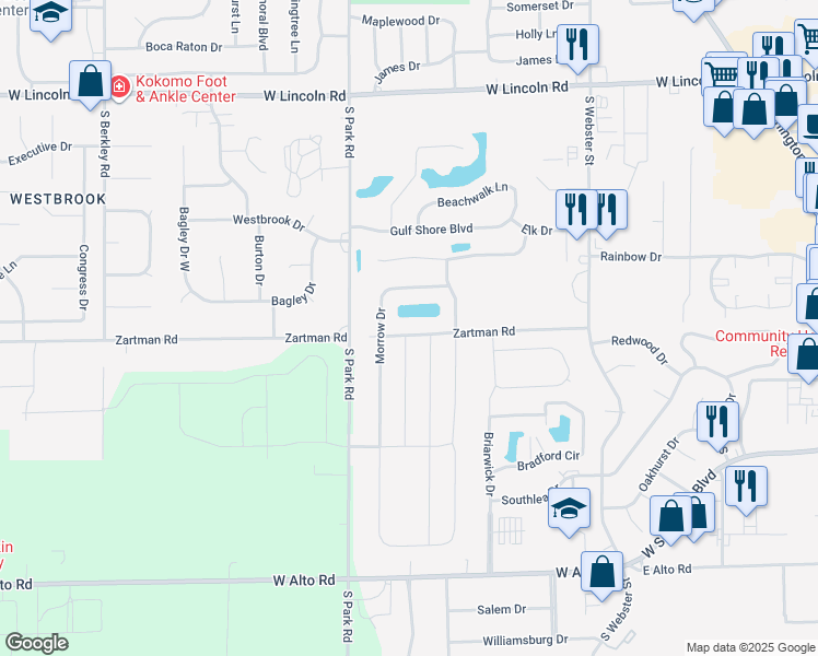 map of restaurants, bars, coffee shops, grocery stores, and more near 932 Zartman Road in Kokomo