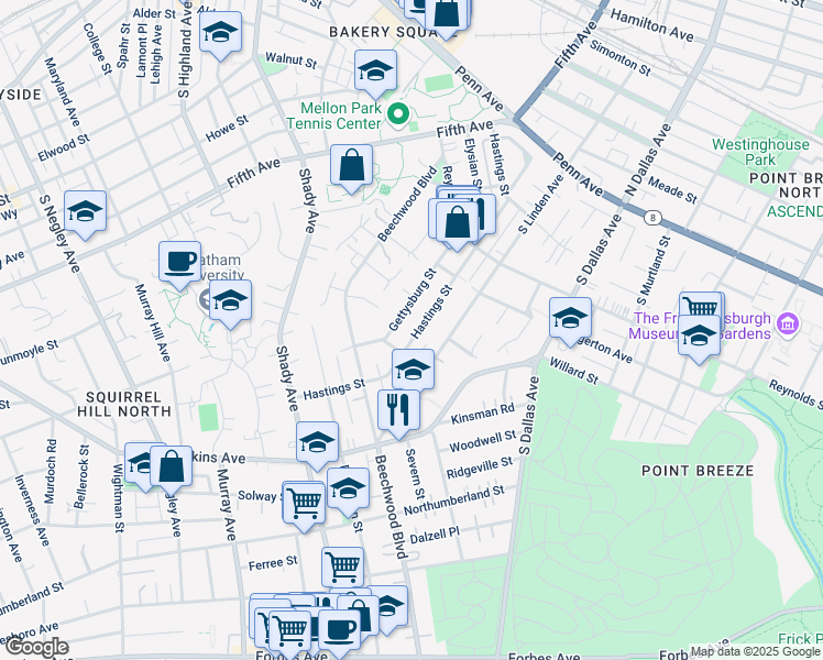 map of restaurants, bars, coffee shops, grocery stores, and more near 624 Hastings Street in Pittsburgh