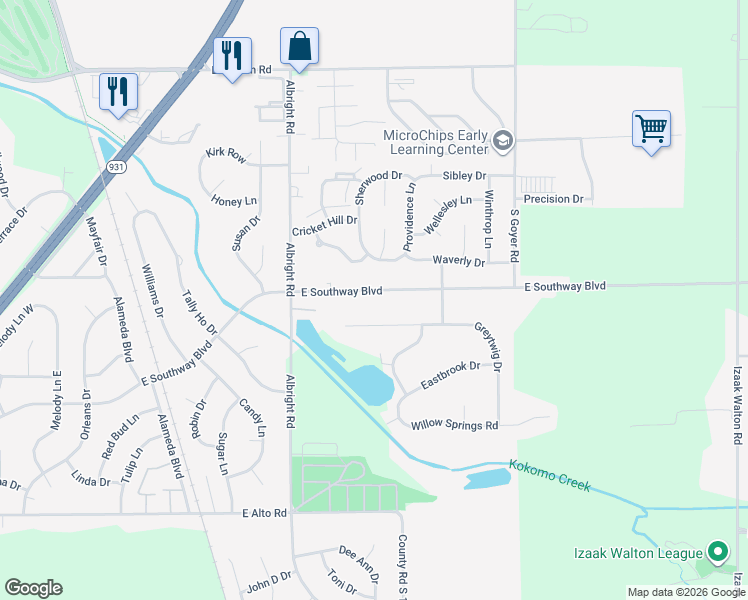 map of restaurants, bars, coffee shops, grocery stores, and more near 1907 East Southway Boulevard in Kokomo