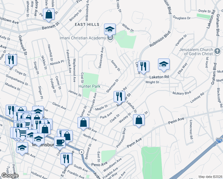 map of restaurants, bars, coffee shops, grocery stores, and more near 1218 Sherman Street in Pittsburgh