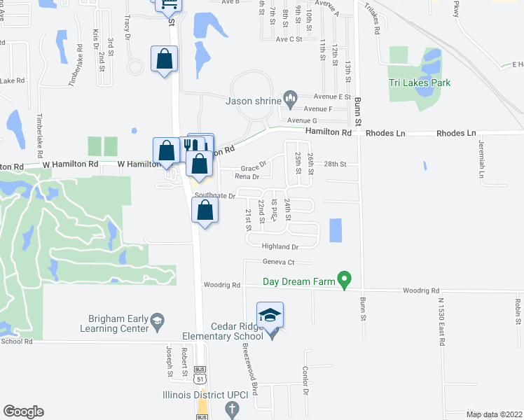map of restaurants, bars, coffee shops, grocery stores, and more near 2417 22nd Street in Bloomington