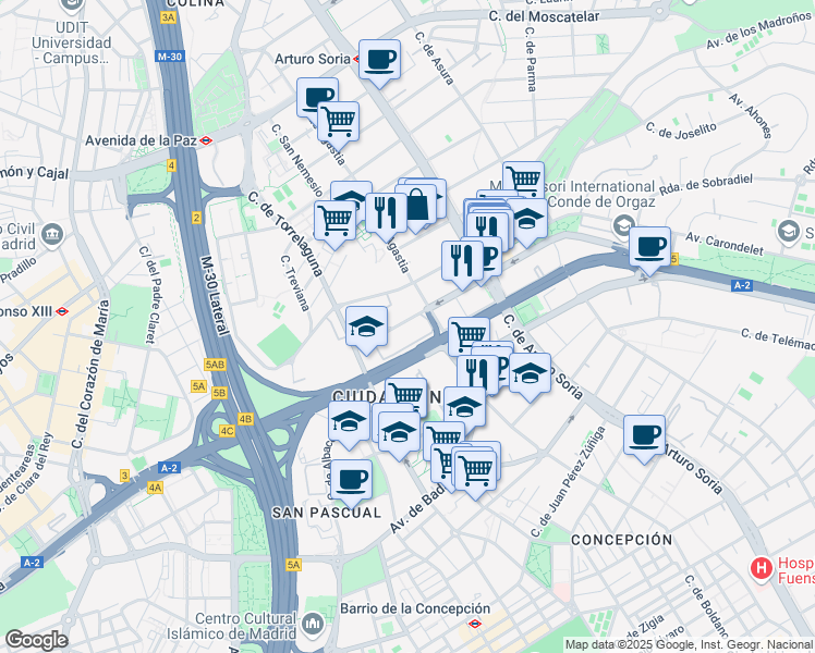 map of restaurants, bars, coffee shops, grocery stores, and more near 6 Calle de Emilio Vargas in Madrid