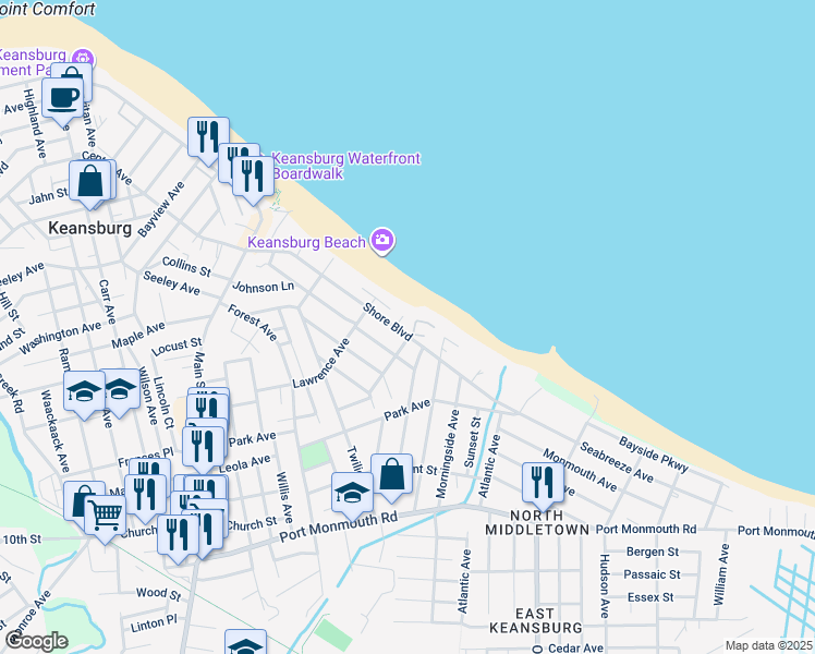 map of restaurants, bars, coffee shops, grocery stores, and more near 151 Shore Boulevard in Keansburg