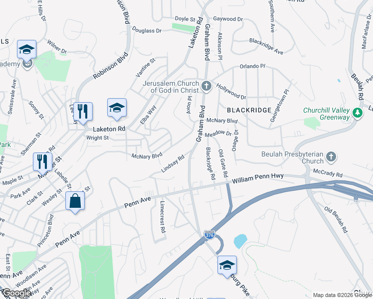 map of restaurants, bars, coffee shops, grocery stores, and more near 1220 Graham Boulevard in Pittsburgh