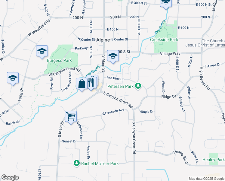map of restaurants, bars, coffee shops, grocery stores, and more near 395 South Main Street in Alpine