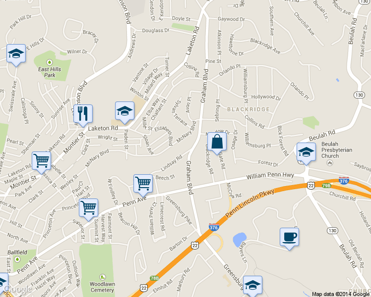 map of restaurants, bars, coffee shops, grocery stores, and more near 1220 Graham Boulevard in Pittsburgh