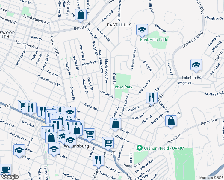map of restaurants, bars, coffee shops, grocery stores, and more near 1609 Coal Street in Pittsburgh