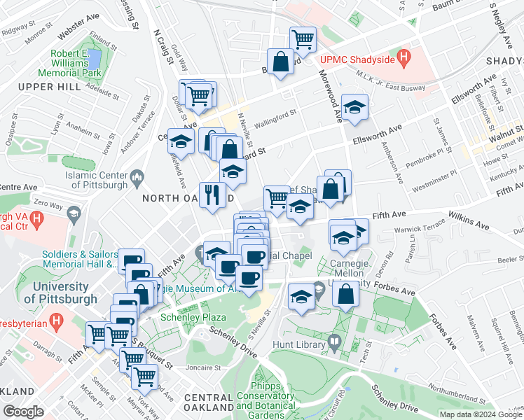 map of restaurants, bars, coffee shops, grocery stores, and more near 4625 Fifth Avenue in Pittsburgh