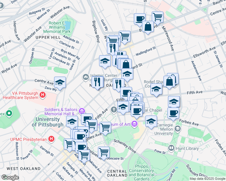 map of restaurants, bars, coffee shops, grocery stores, and more near 133 North Dithridge Street in Pittsburgh