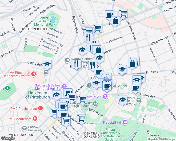 map of restaurants, bars, coffee shops, grocery stores, and more near 133 North Dithridge Street in Pittsburgh