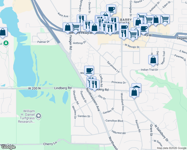 map of restaurants, bars, coffee shops, grocery stores, and more near 1115 Windsor Drive in West Lafayette